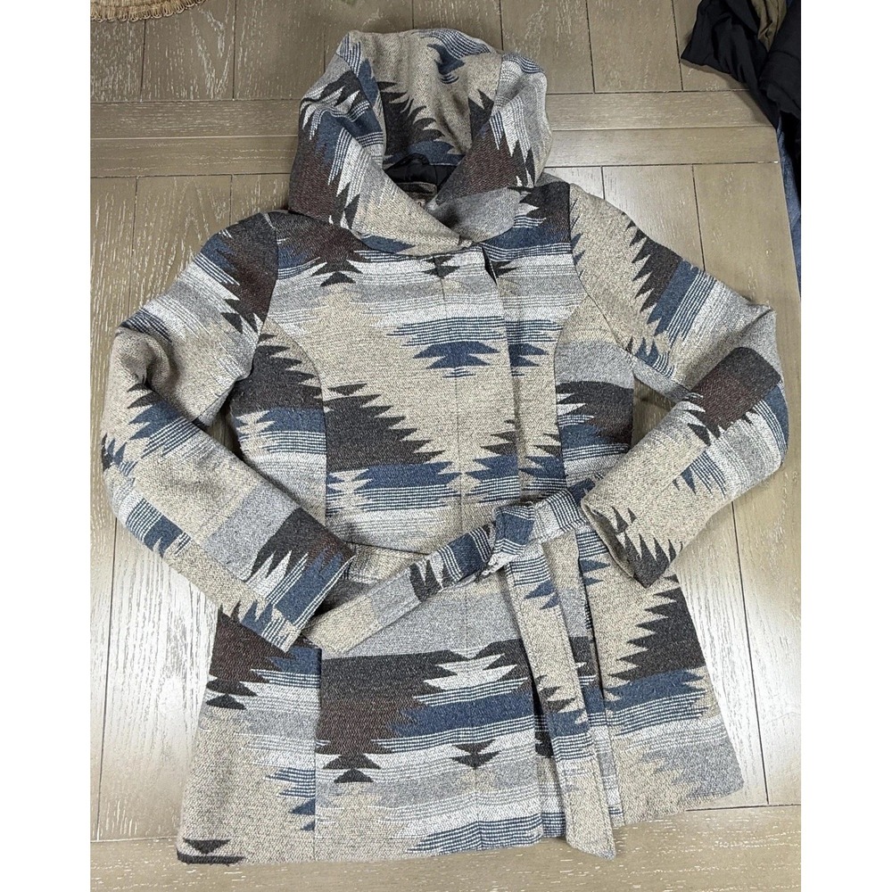 Aztec Southwestern Coat Womens Medium Gray Hooded‎ Y2K Belted Mossimo Supply Co